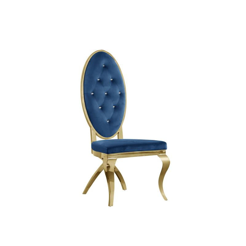 Tufted Velvet Dining Chairs in Navy Blue with Gold Stainless Steel (Set of 2)