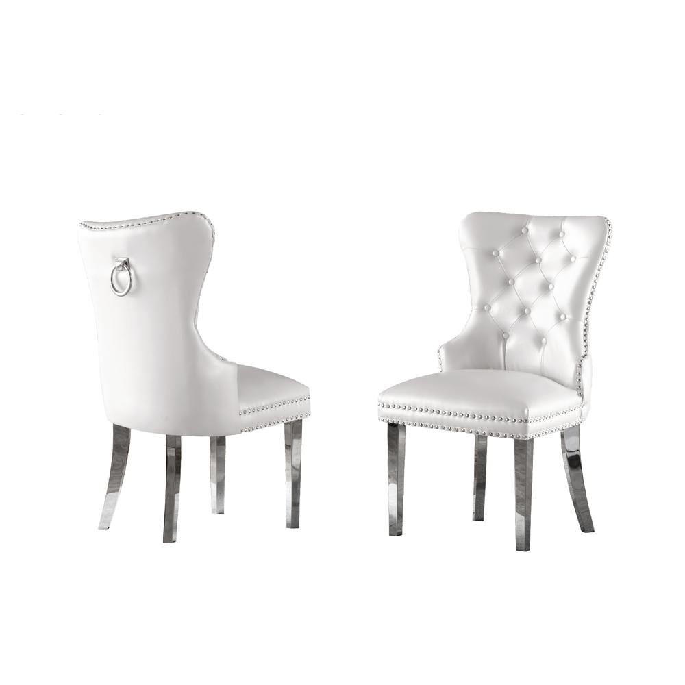 Tufted White Faux Leather Side Chairs with Silver Stainless Steel (Set of 2)