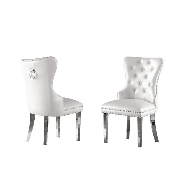 Tufted White Faux Leather Side Chairs with Silver Stainless Steel (Set of 2)