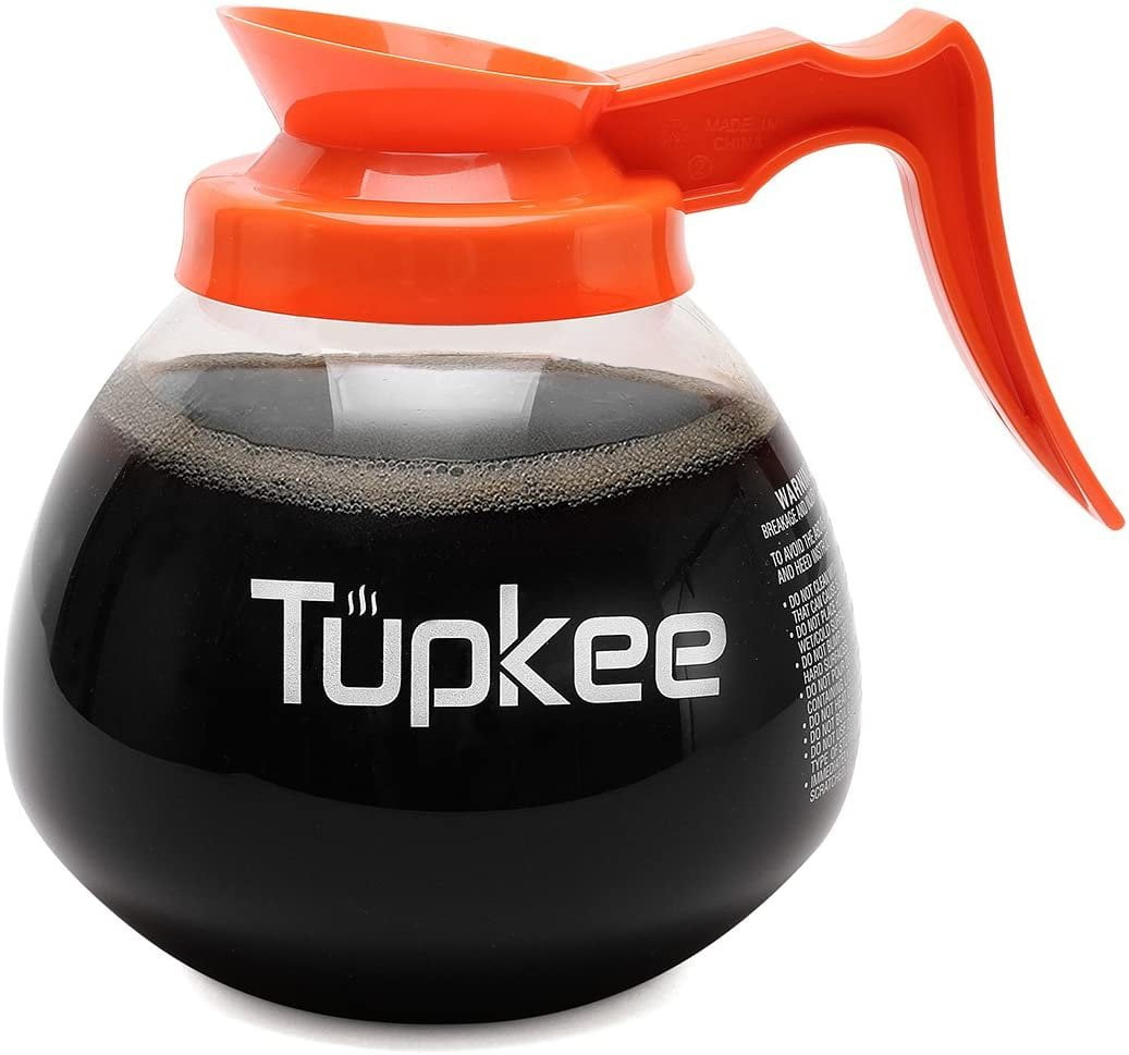 Tupkee Commercial Coffee Pot Replacement - Restaurant Glass Coffee Pots 12 Cup Decanter Carafe - 64 oz. 12-Cup, Orange Handle / Decaf