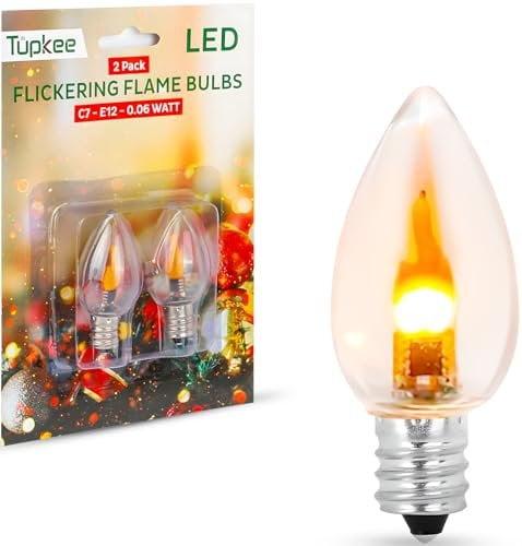 Tupkee LED Flickering Flame Bulb  C7, E12 Base, 0.06 Watt, Flicker Flame LED Bulb with a Warm Glow That Flickers and Dances Up and Down - for Halloween, Christmas Candolier Window Candle - 2/Pkg