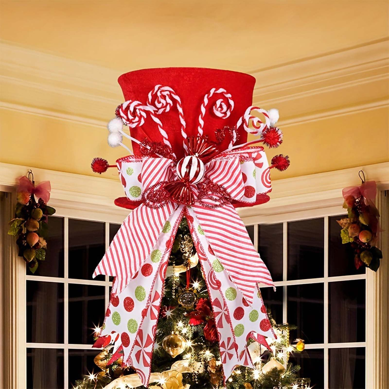Christmas Gifts Clearance! Modern Christmas Ornaments Candy Cane Christmas Tree Topper Large Red Tree Topper Hat with Candy Peppermint Bows Ribbon Ornament Top Hat Christmas Tree Topper for Home