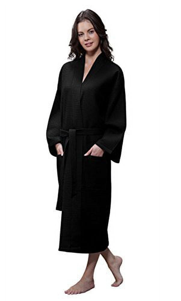 Turquaz Linen Lightweight Long Waffle Kimono Unisex Spa Robe (One Size, Black)