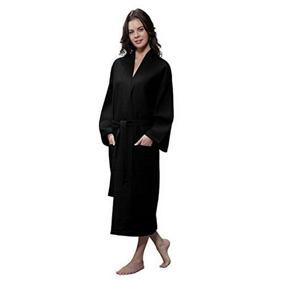 Turquaz Linen Lightweight Long Waffle Kimono Unisex Spa Robe (One Size, Black)