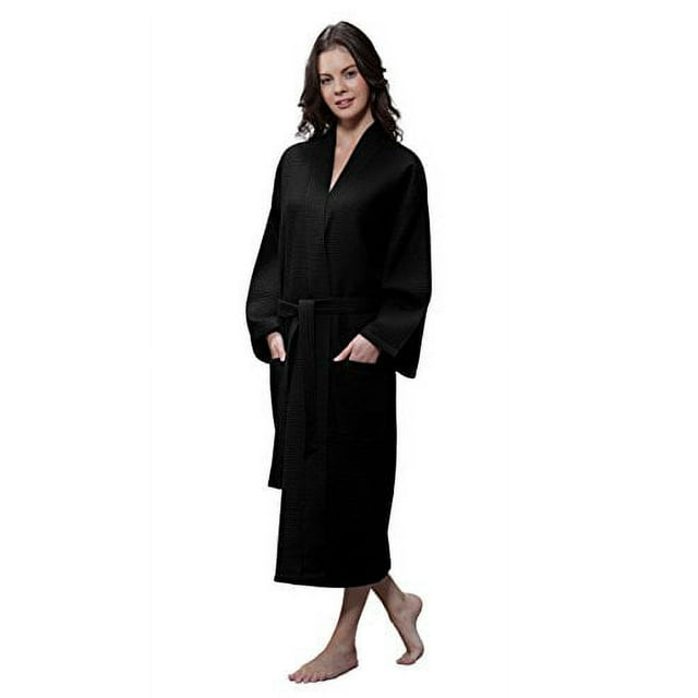 Turquaz Linen Lightweight Long Waffle Kimono Unisex Spa Robe (One Size, Black)