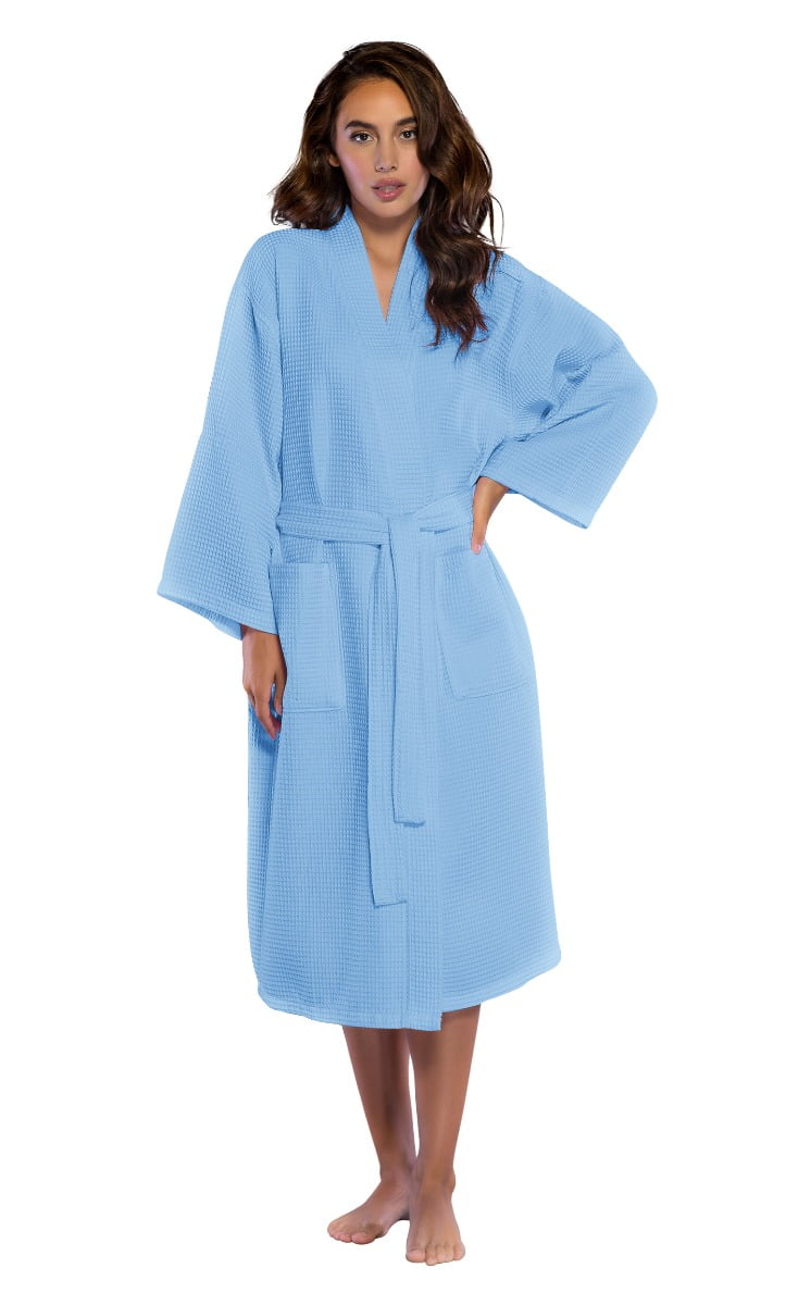 Turquaz Linen Lightweight Long Waffle Kimono Unisex Spa Robe (XXL, Serenity Blue)