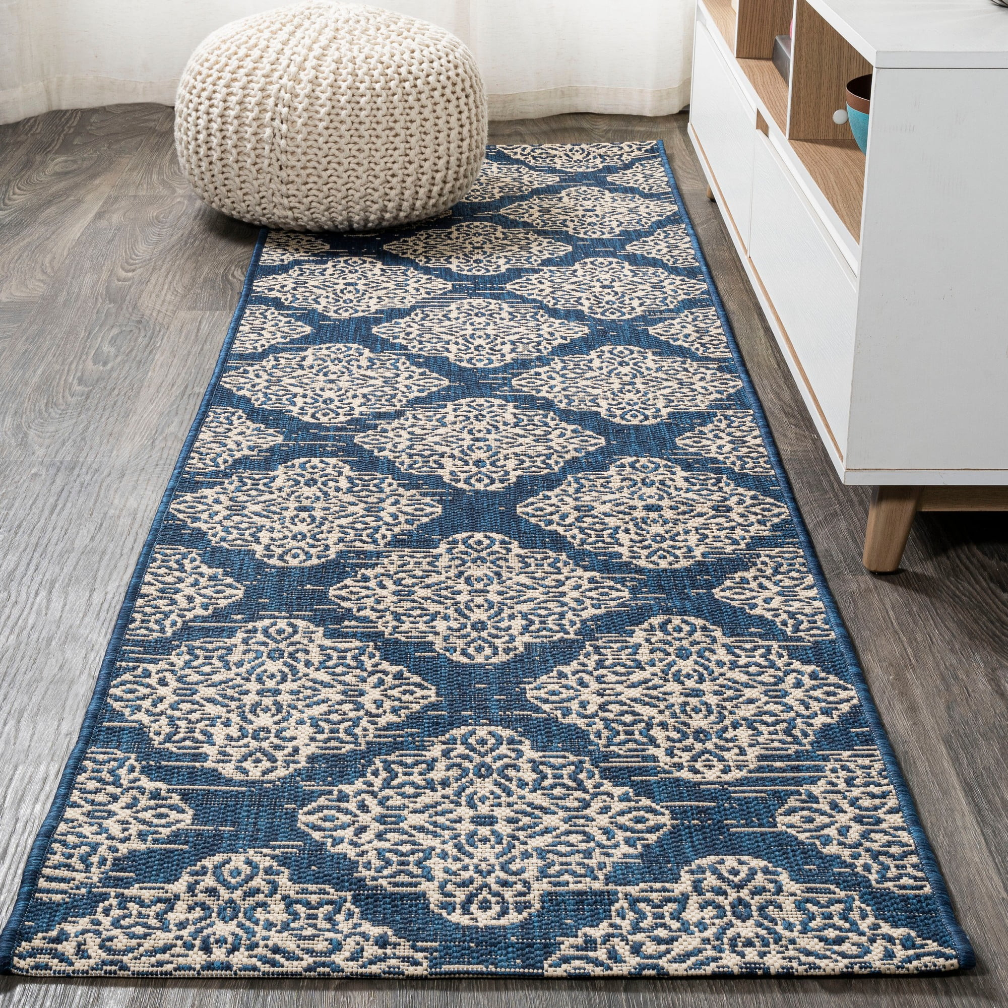 JONATHAN Y SMB121A-28 Tuscany Ornate Medallions Navy/Beige 2 ft. x 8 ft. Indoor/Outdoor Runner Rug, Casual, Pet Friendly, Stain Resistant, Easy to Clean, for Patio, Living Room; Kitchen, Bedroom