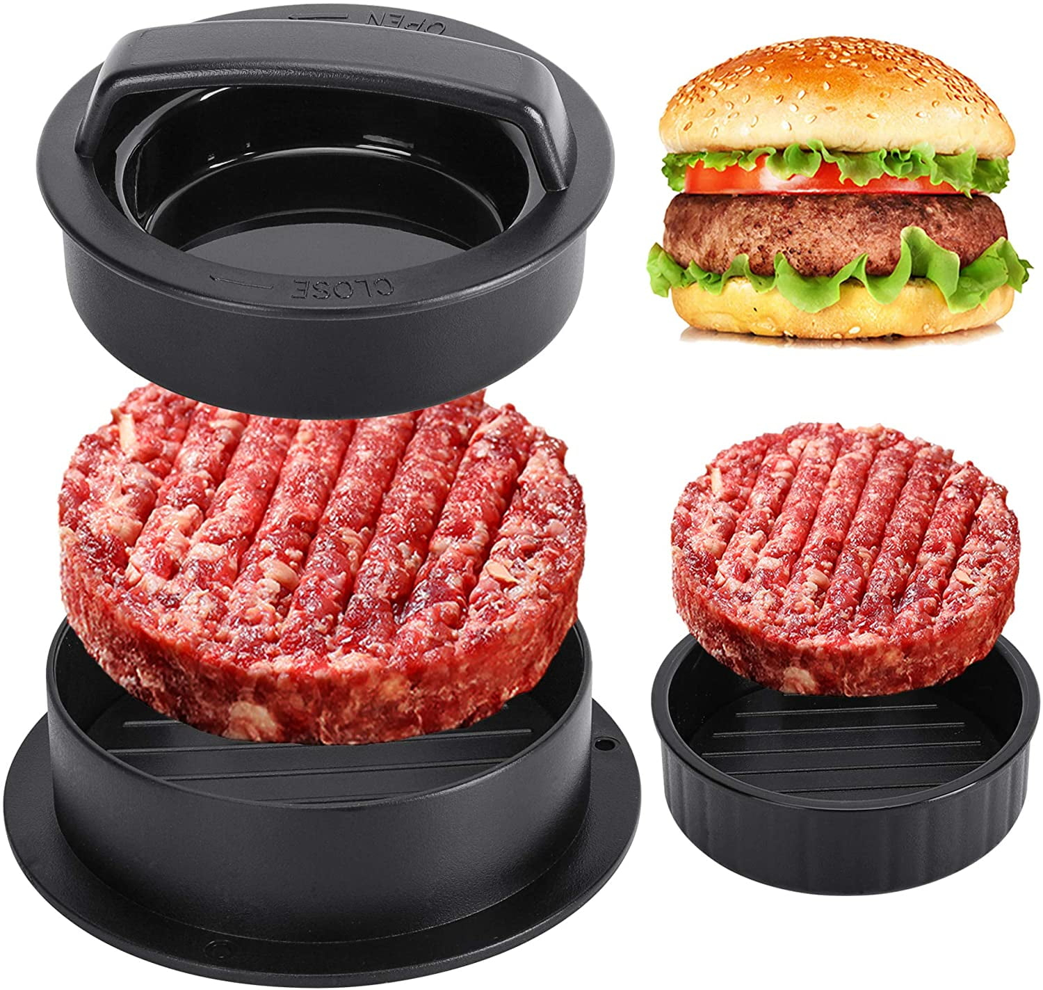 Badiano Hamburger Press Patty Maker, Burger Press, 3 in 1 Meat Beef Veggie Hamburger Mold, Black