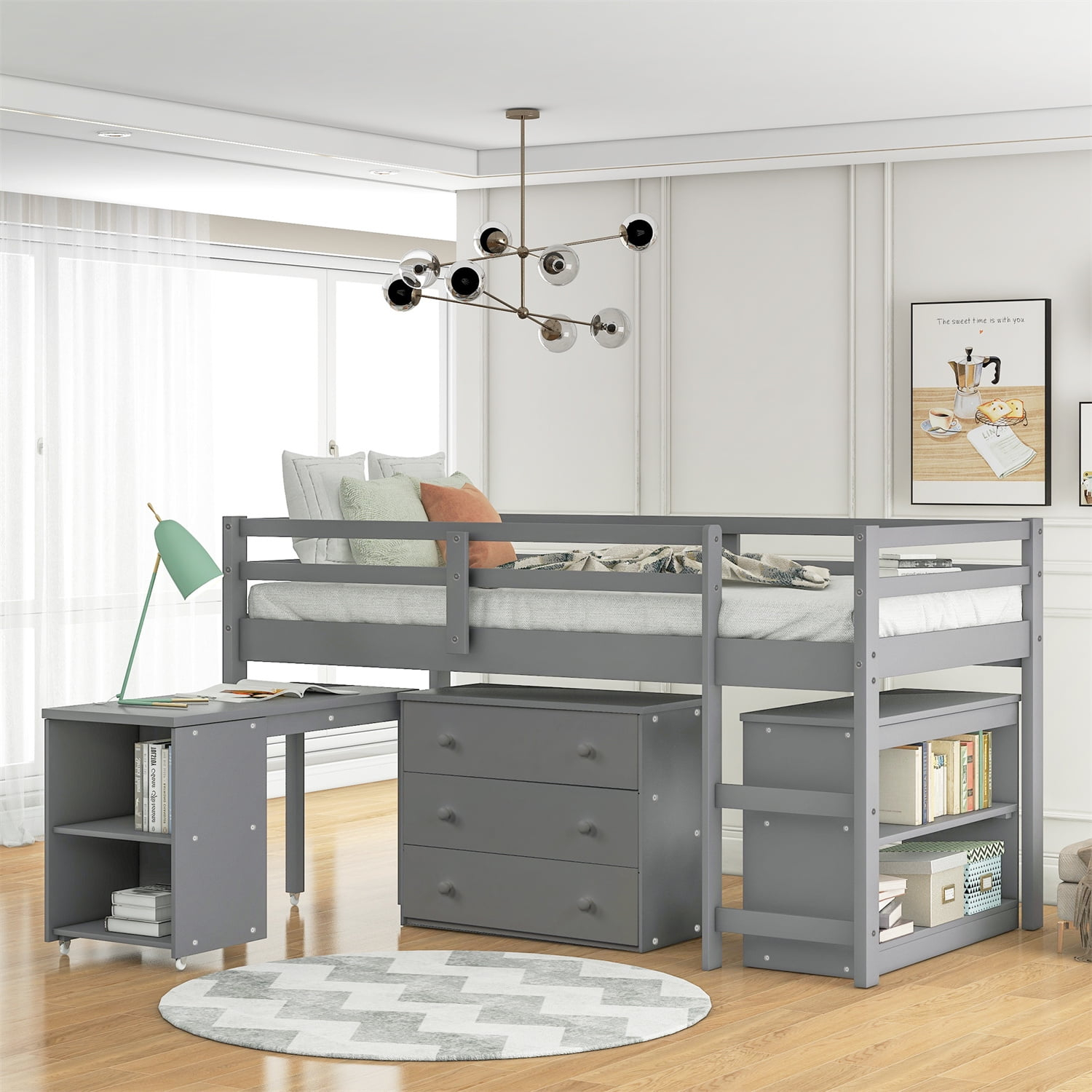 Twin Loft Bed Frame with Rolling Desk, Cabinets and Bookshelf, Wood Low Study Loft Bed with Full-length Guardrail for Kids, No Box Spring Required, Gray
