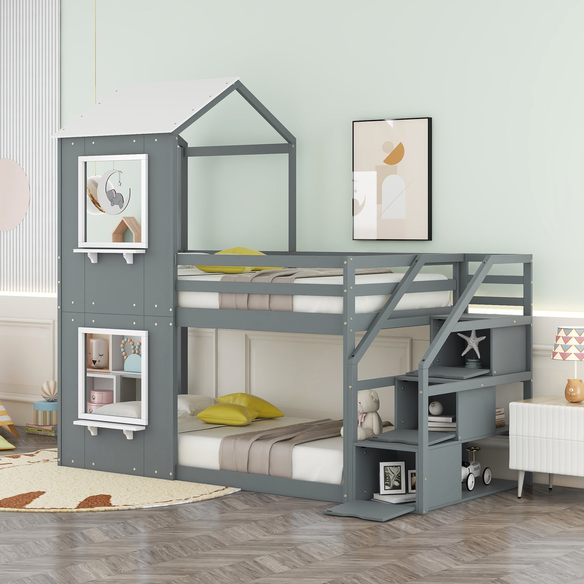 Twin Over Twin Bunk Bed with Storage Stairs Wood Bed with Roof & Window, Upper Bunk Secured Guardrail, Ladder Gray+White