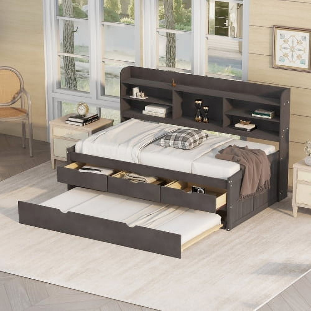 Twin Size Captain Bed with Trundle, Day Bed with 3 Drawers and Built-in Bookshelves, Wooden Platform Bed Frame with Storage Headboard and Slats Support, No Box Spring Needed, Brown