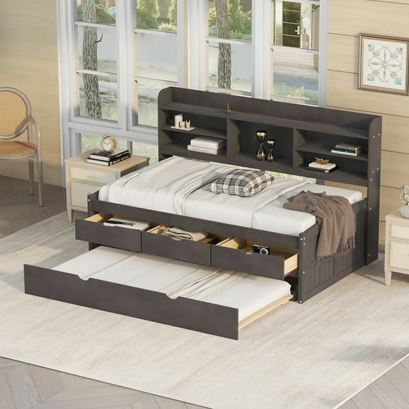 Twin Daybed With Bookcase Headboard, Wood Captain Beds with Storage Drawers and Trundle, Rustic Country Twin Size Platform Bed Frame with Bookshelves and Slats Support, Antique Natural