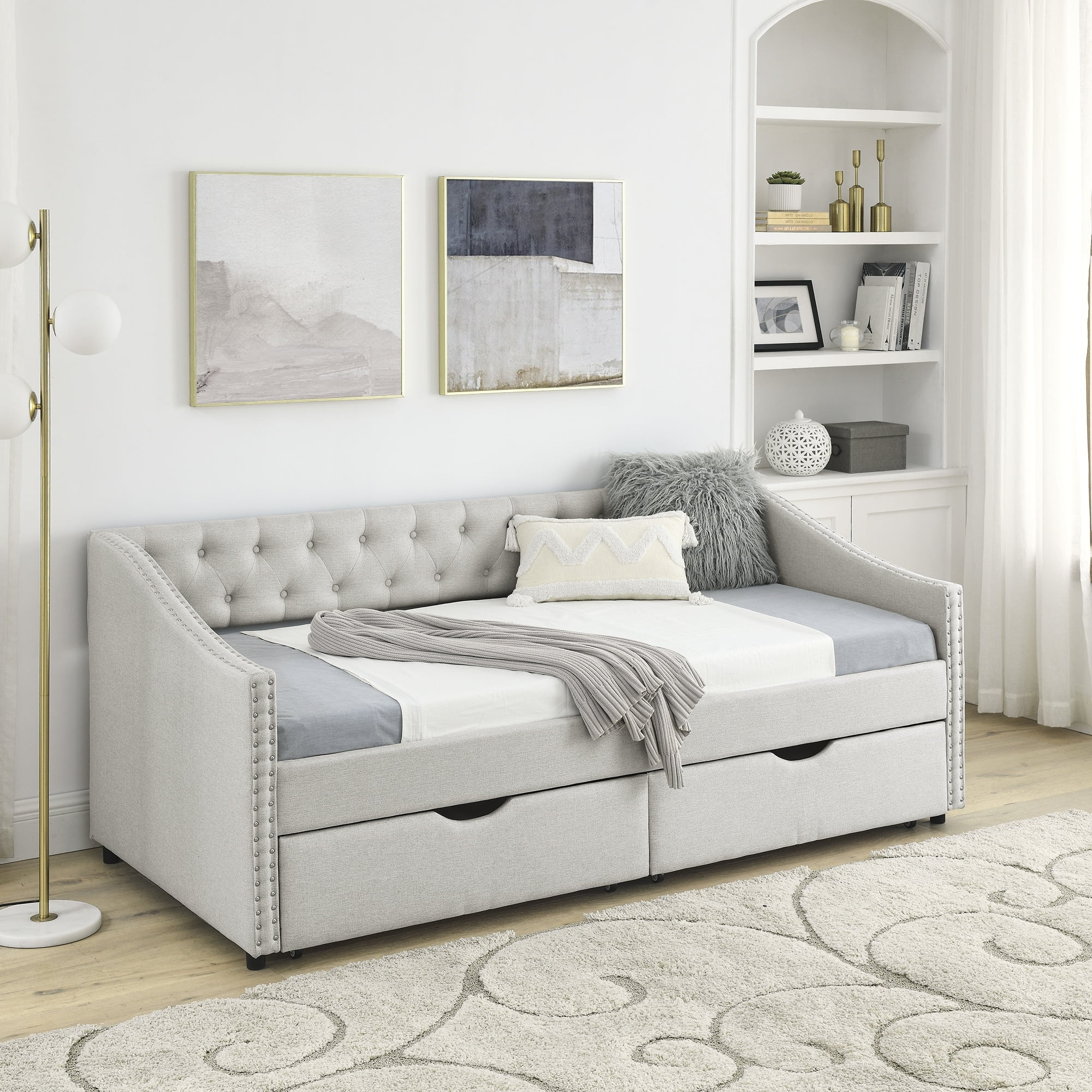 Twin Size Daybed with Drawers Upholstered Tufted Sofa Bed Beige