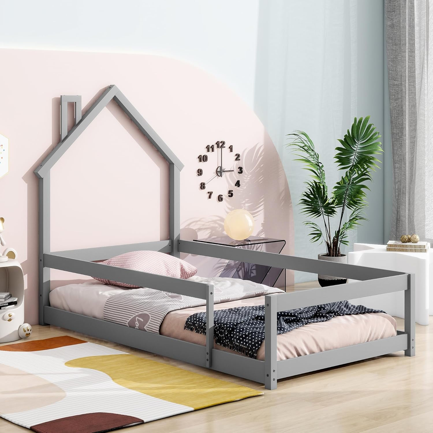 Twin Size Gray Pine Wood House-Shaped Floor Bed with Guardrails