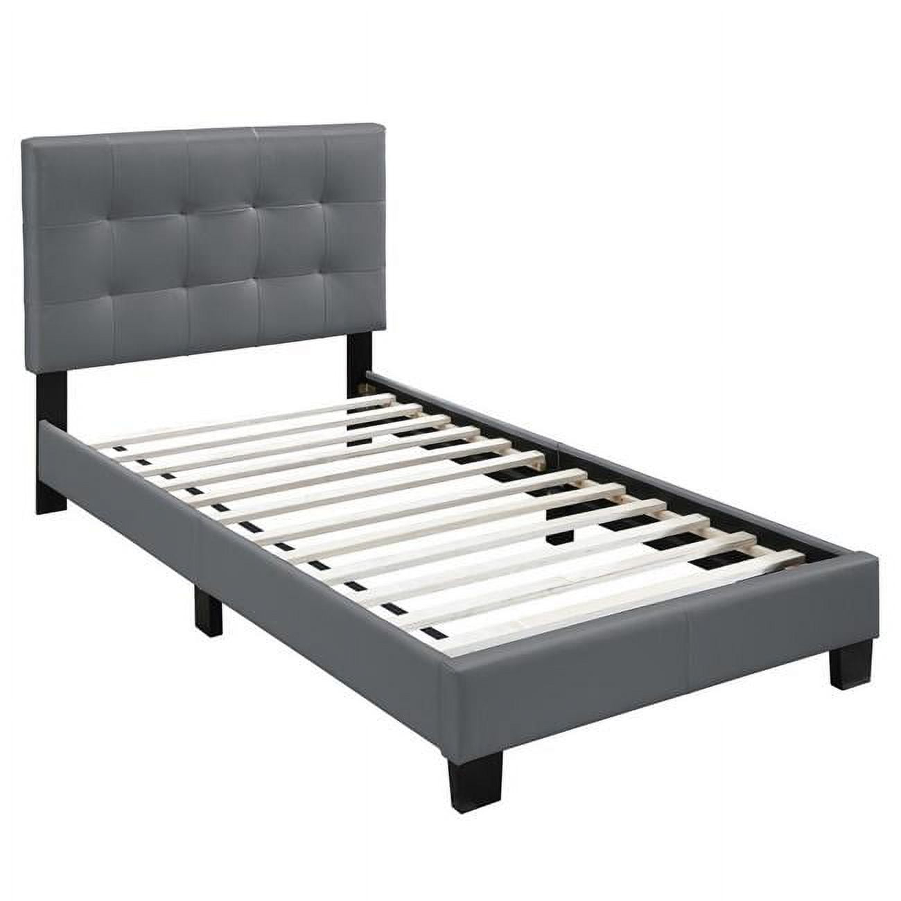 Twin Size Leatherette Bed with Checkered Tufted Headboard, Gray - 43 x 79 x 43 in.