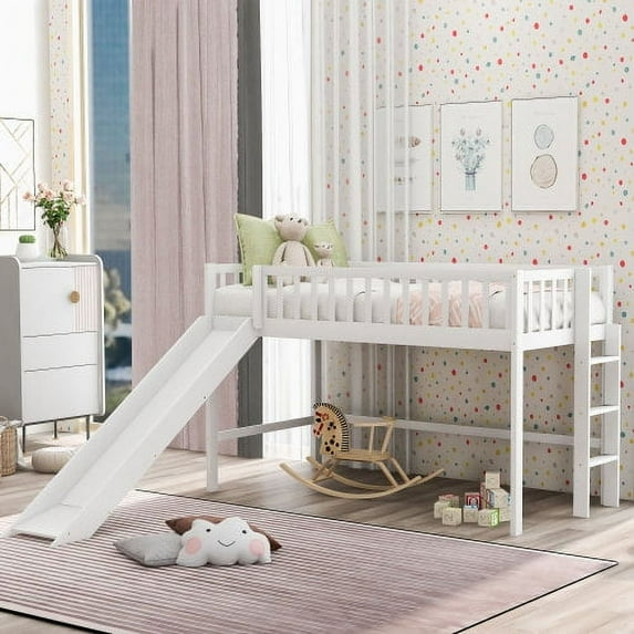 Twin Loft Bed with Slide,Wood Loft Bed Low Profile for Boys Girls, Built-in Ladder and Guard Rail,No Box Spring Needed