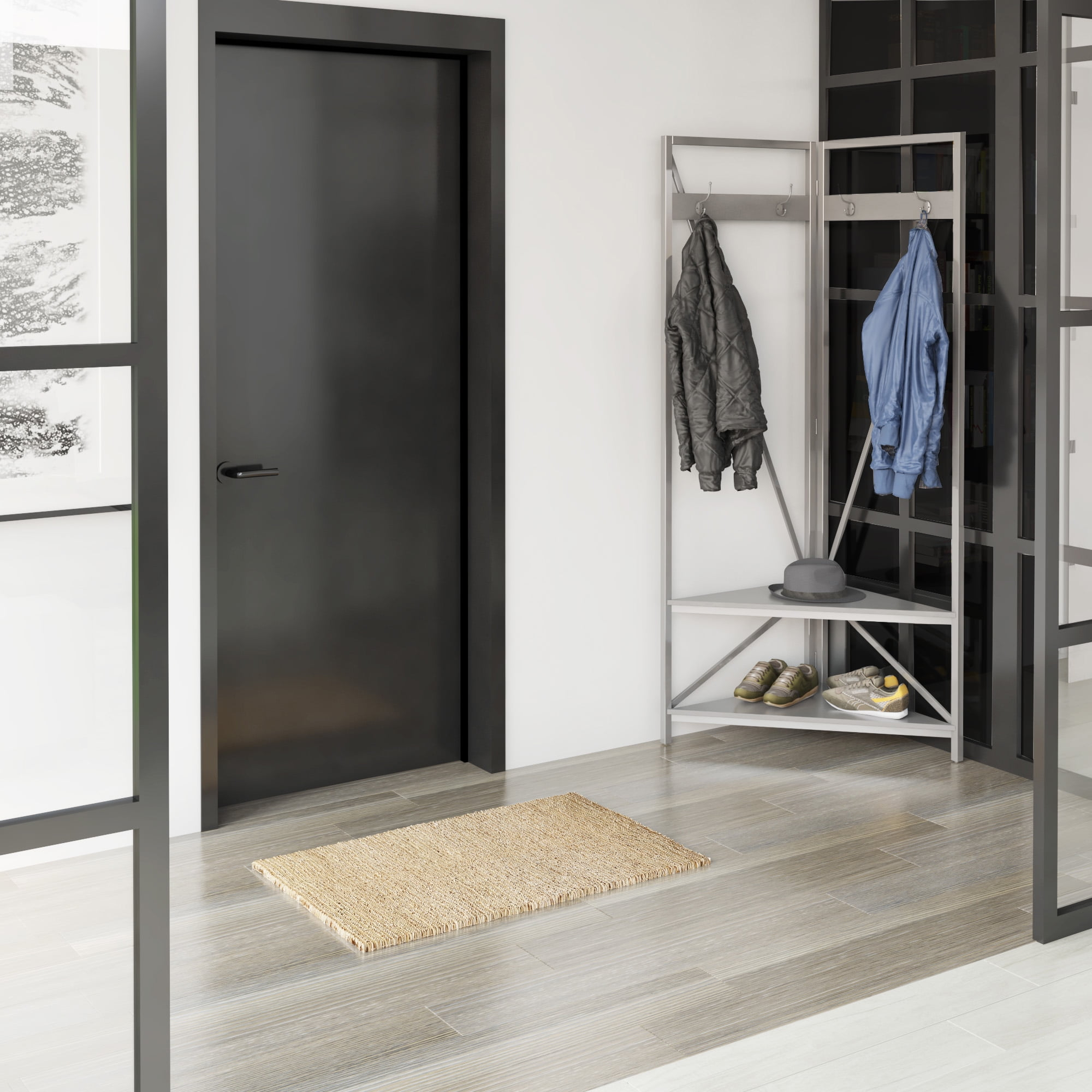 Twin Star Home Contemporary Corner Hall Tree with Metal Frame in Antique Gray