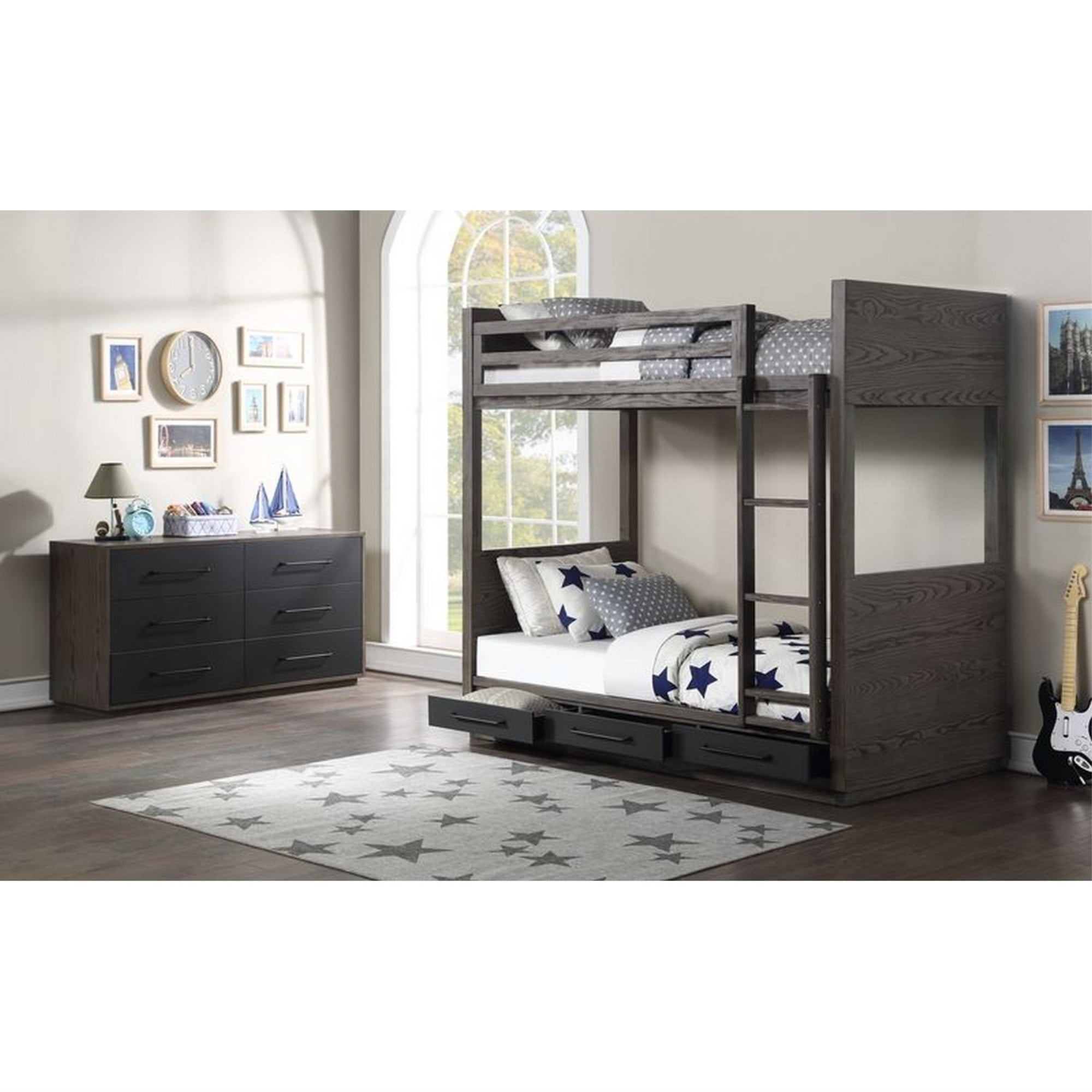 Miekor Furniture Estevon T/T Bunk Bed in Gray Oak Finish