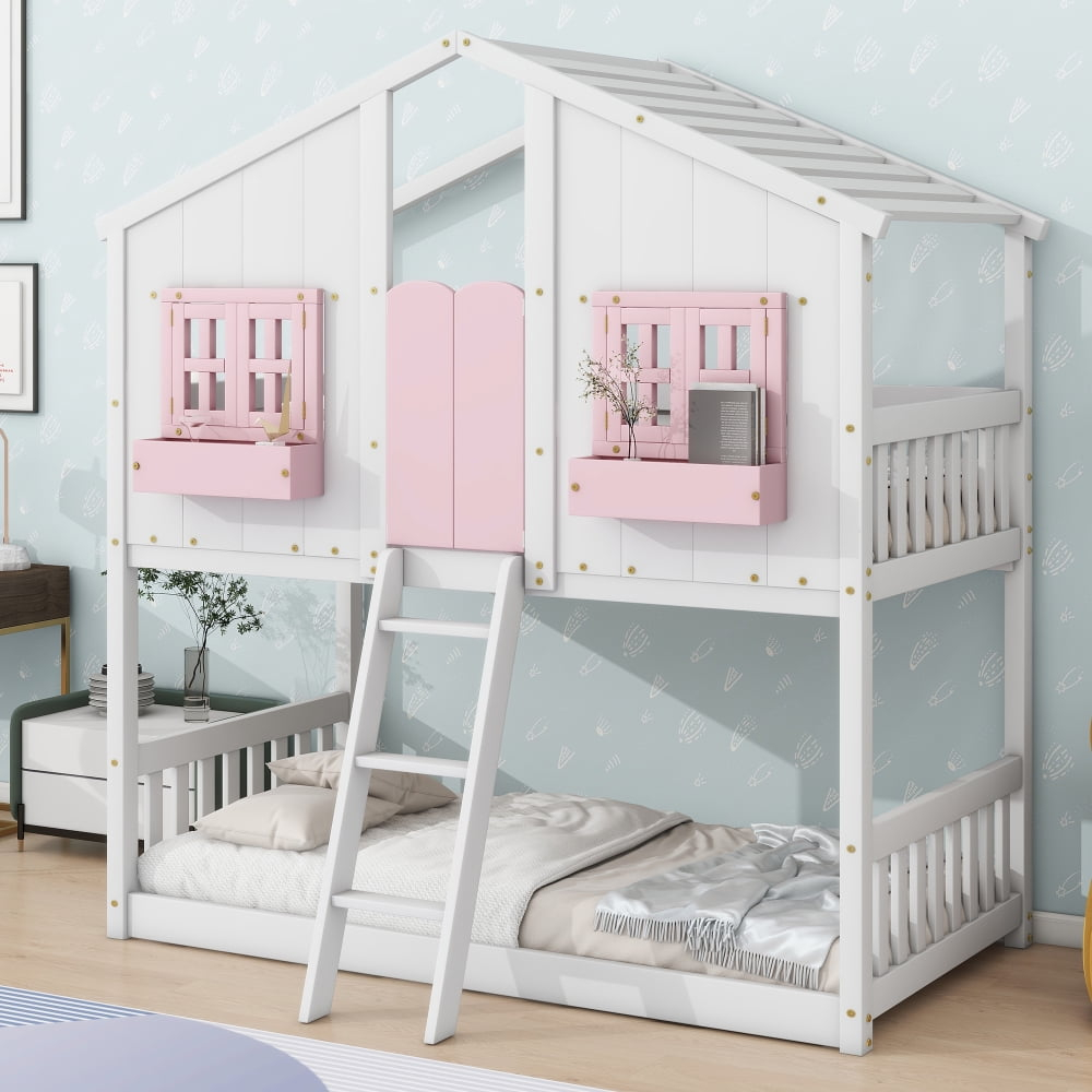 HighSound Twin Over Twin House Bunk Bed Frame with Roof, Window, Ladder and Safety Guardrails for Boys Girls, White & Pink