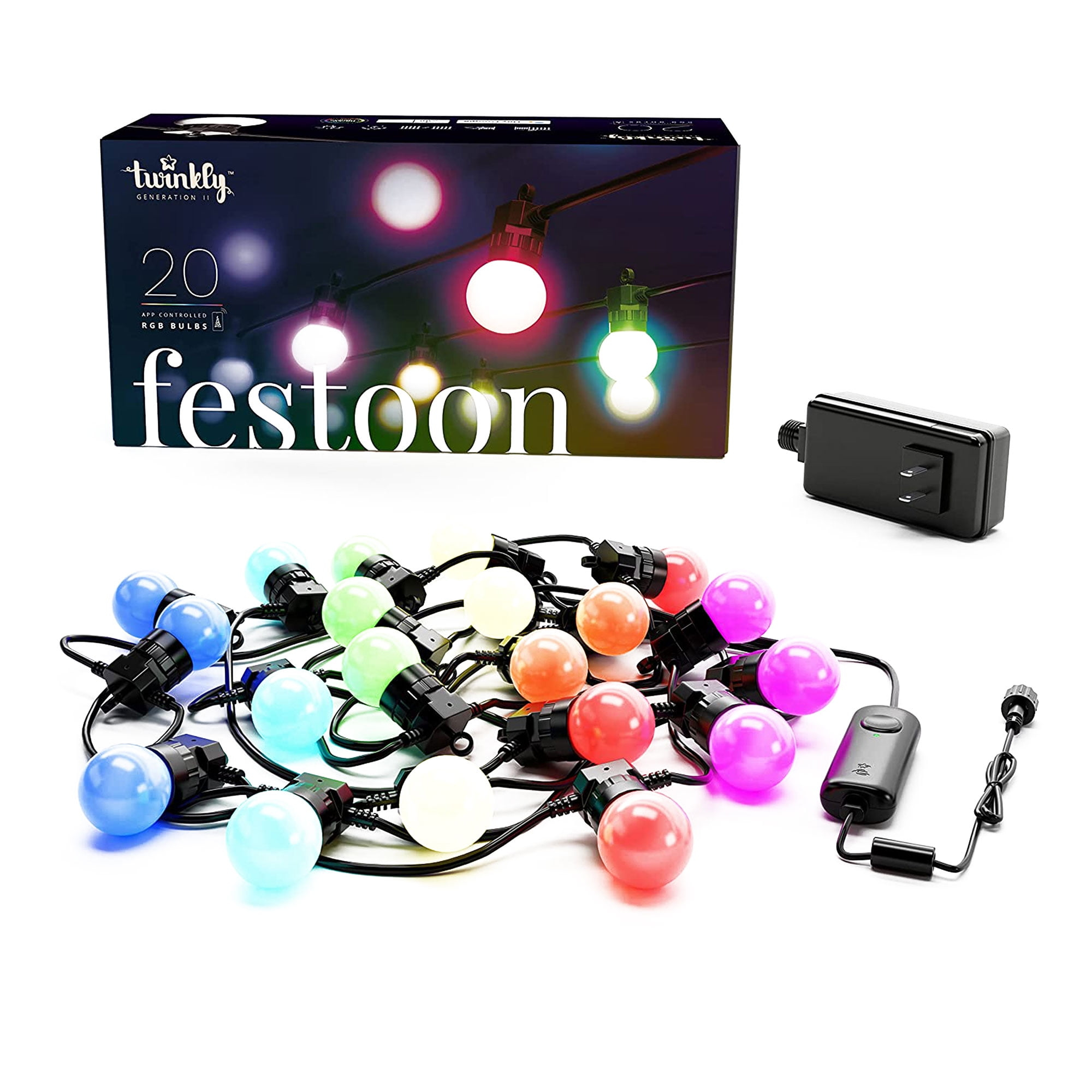 Twinkly Festoon App-Controlled LED Bulb Lights String with 20 RGB (16 Million Colors) LEDs 32.8 feet Black Cable Indoor and Outdoor Smart Lighting