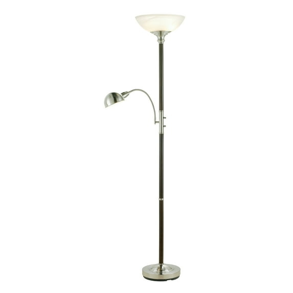 Two Light Combo Floor Lamp Wood Brushed Steel Torchiere with Frosted Glass Dome Shade and Reading Light with Brushed Steel Dome Shade