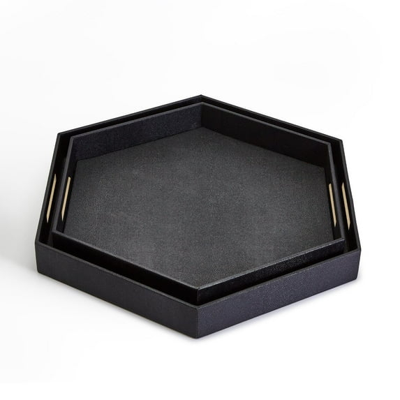 Two's Company Black Hexagon Stingray Trays, Set of 2, 20"x23"