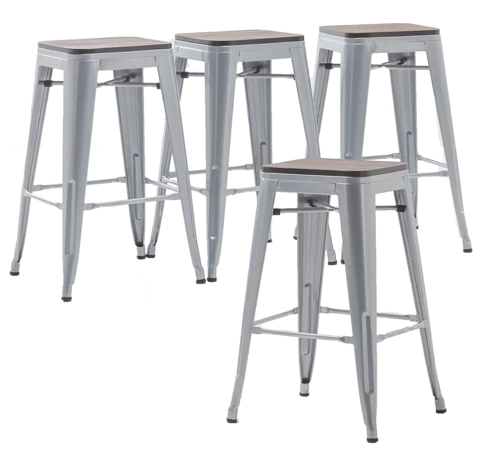 Drevy 26" Metal Counter Height Bar Stools Set of 4 Industrial Backless Kitchen Patio Counter Stool Stackable Barstools Wood Top-Silver
