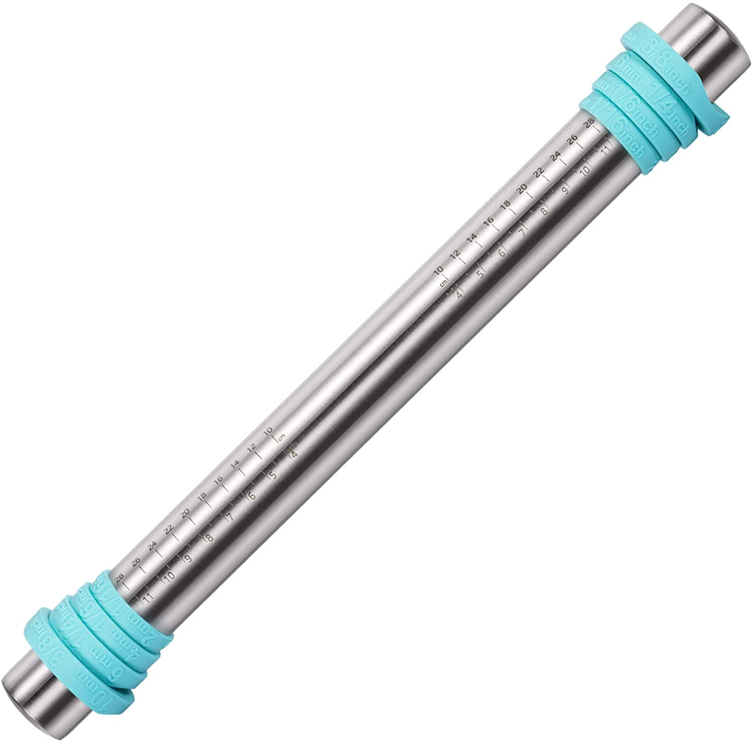 U-Taste Adjustable 18/8 Stainless Steel 16 inch Rolling Pin with Silicone Removable Rings (Teal/Aqua Sky)