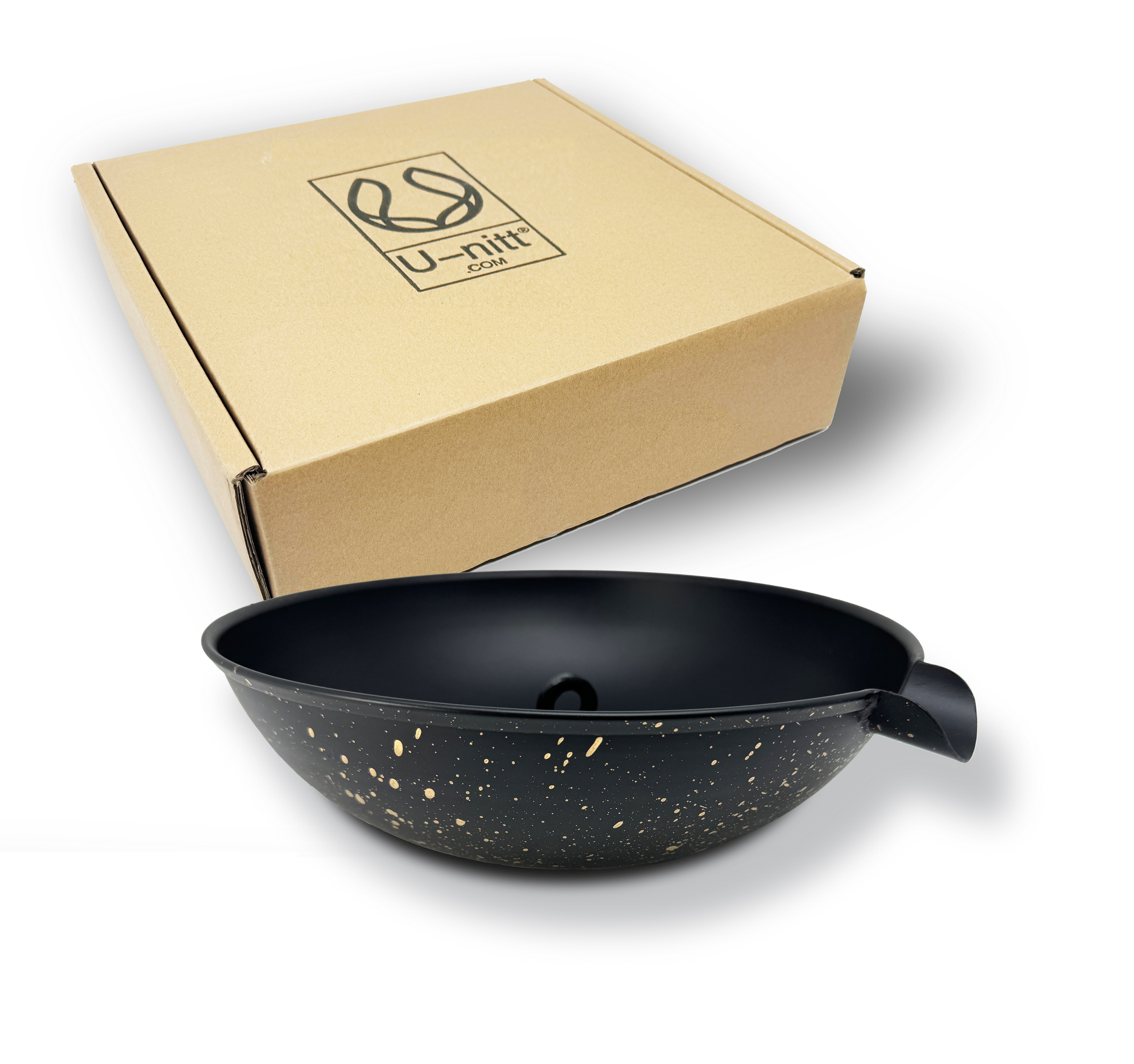 U-nitt 12" Anchoring Basin/Bowl/Dish for Gutter Rain Chain, Spill Bowl for Fountain, with Scupper, Birdbath Alternative, with Attachment Chain, Black Powder Coated with Gold, 972GD