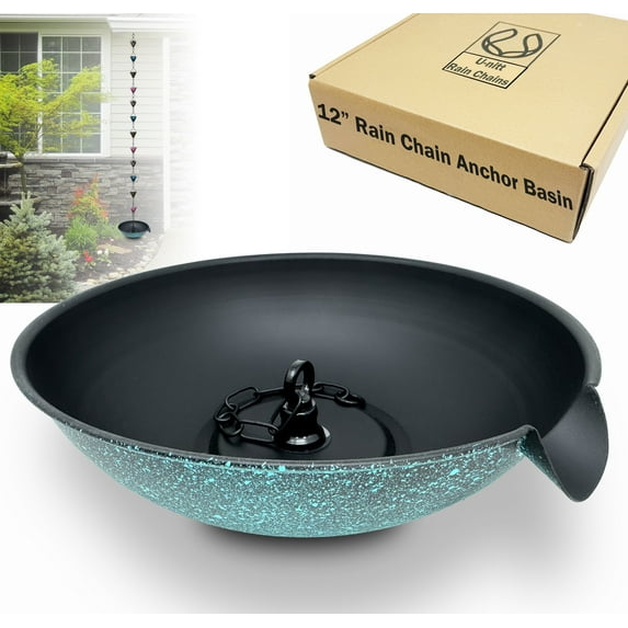 U-nitt 12" Anchoring Basin/Bowl/Dish for Gutter Rain Chain, Spill Bowl for Fountain, with Scupper, Birdbath Alternative, with Attachment Chain, Black Powder Coated with Patina, 972PA