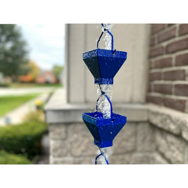 U-nitt Rain Chains, Roof Gutter Downspout Channel, Rainwater Catcher/Diverter, 8.5 FT, Metal, Blue Powder Coated, Texture Square, Modern, 5517BLU