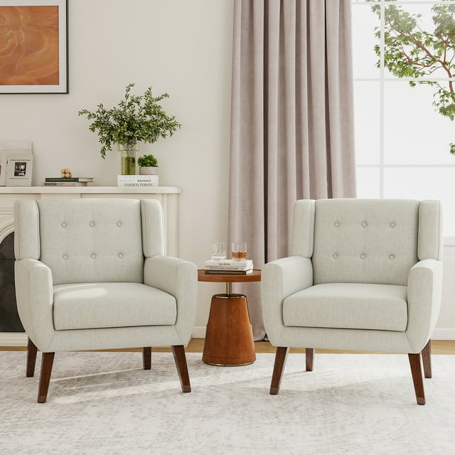 UIXE Beige Accent Chair Set of 2, Linen Fabric Armchair for Living Room, Modern Arm Chairs