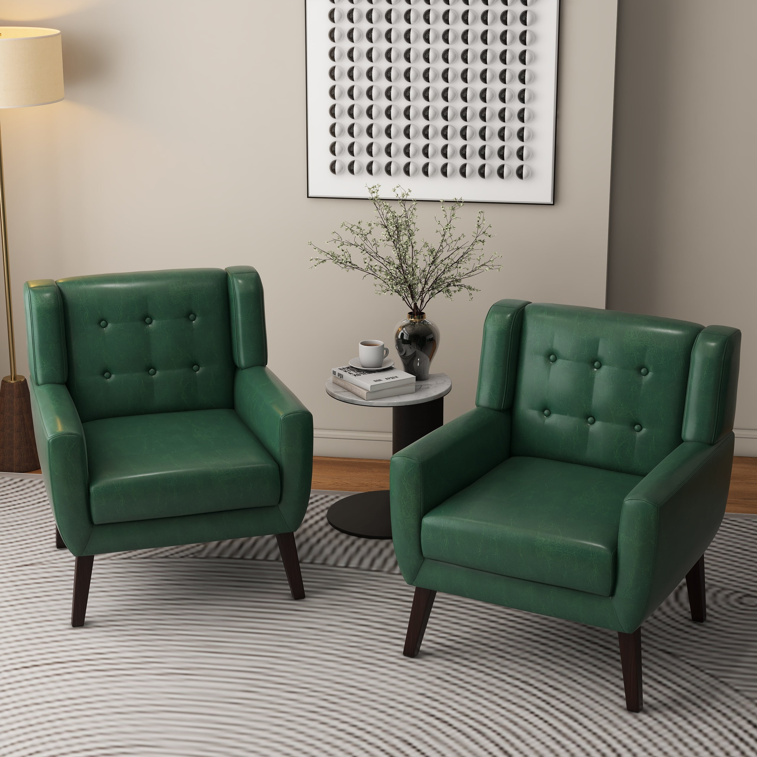 DREAMSIDEA Faux Leather Accent Chairs Set of 2 for Living Room Morden Upholstered Armchair Green Chairs for Bedroom