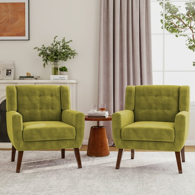 DREAMSIDEA Modern Button Tufted Accent Chair Set of 2 Upholstered Armchair Indoor,Velvet Living Room Chair for Bedroom,Green