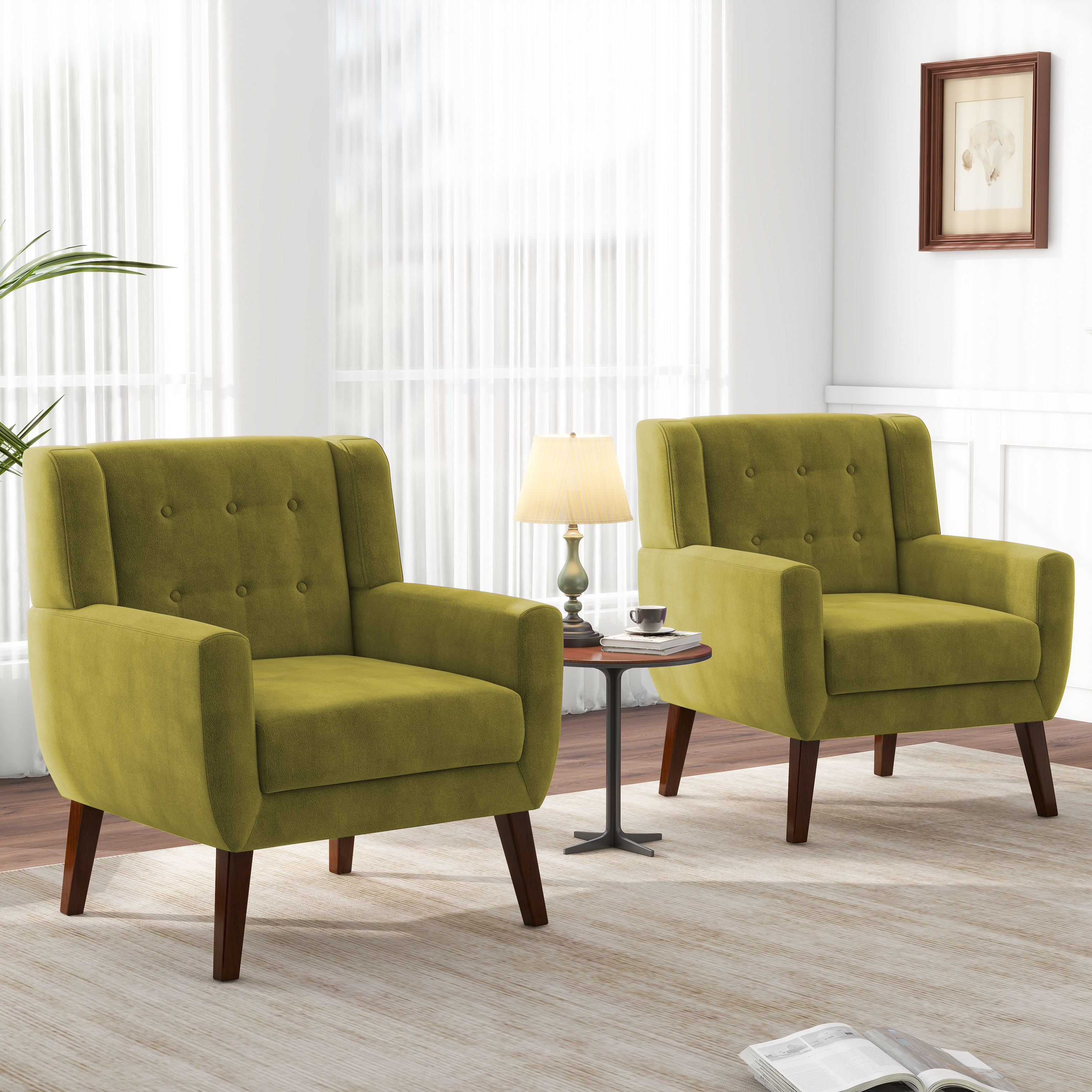 DREAMSIDEA Modern Button Tufted Accent Chair Set of 2 Upholstered Armchair Indoor,Velvet Living Room Chair for Bedroom,Green