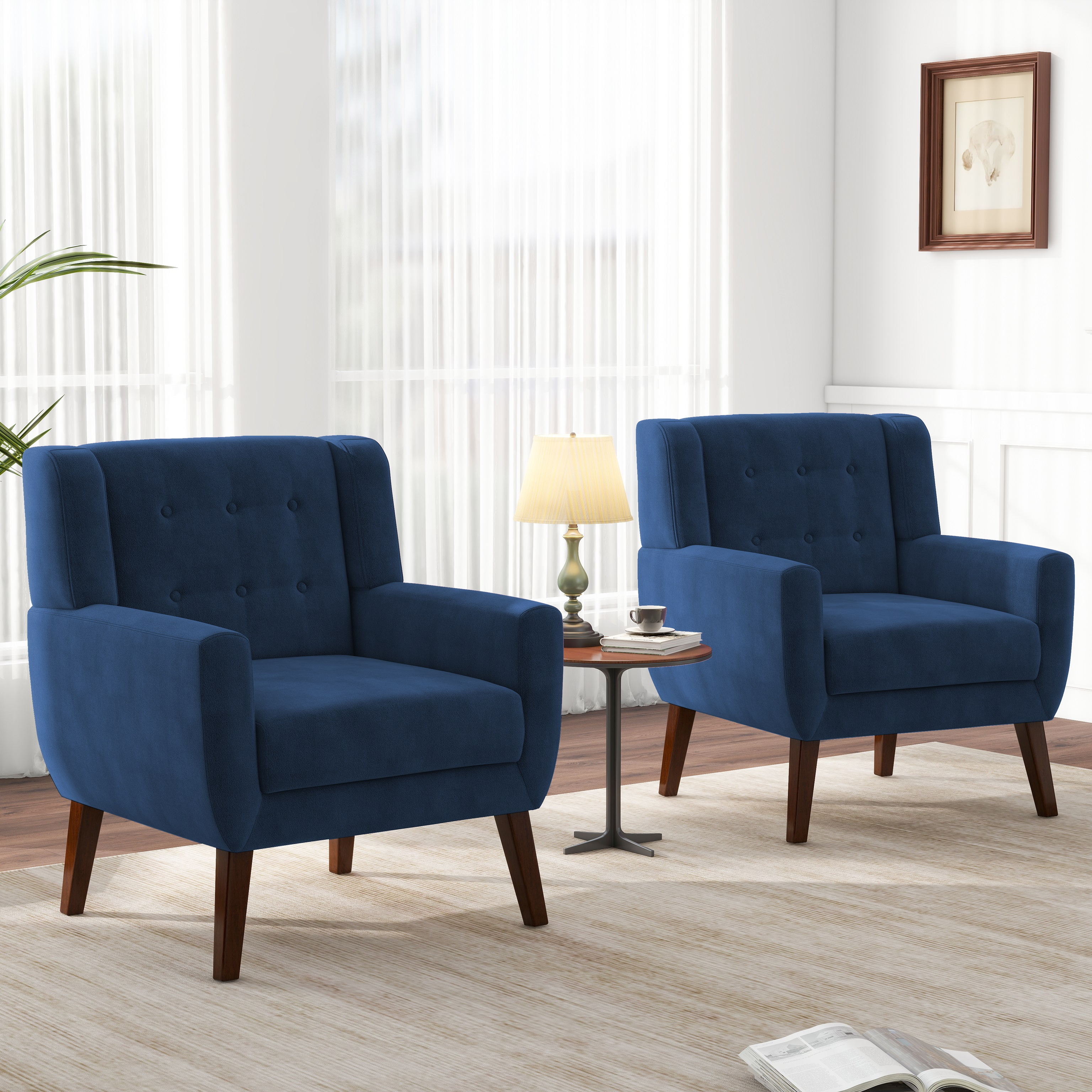 DREAMSIDEA Modern Button Tufted Accent Chair Set of 2 Upholstered Armchair Indoor,Velvet Living Room Chair for Bedroom,Royal Blue