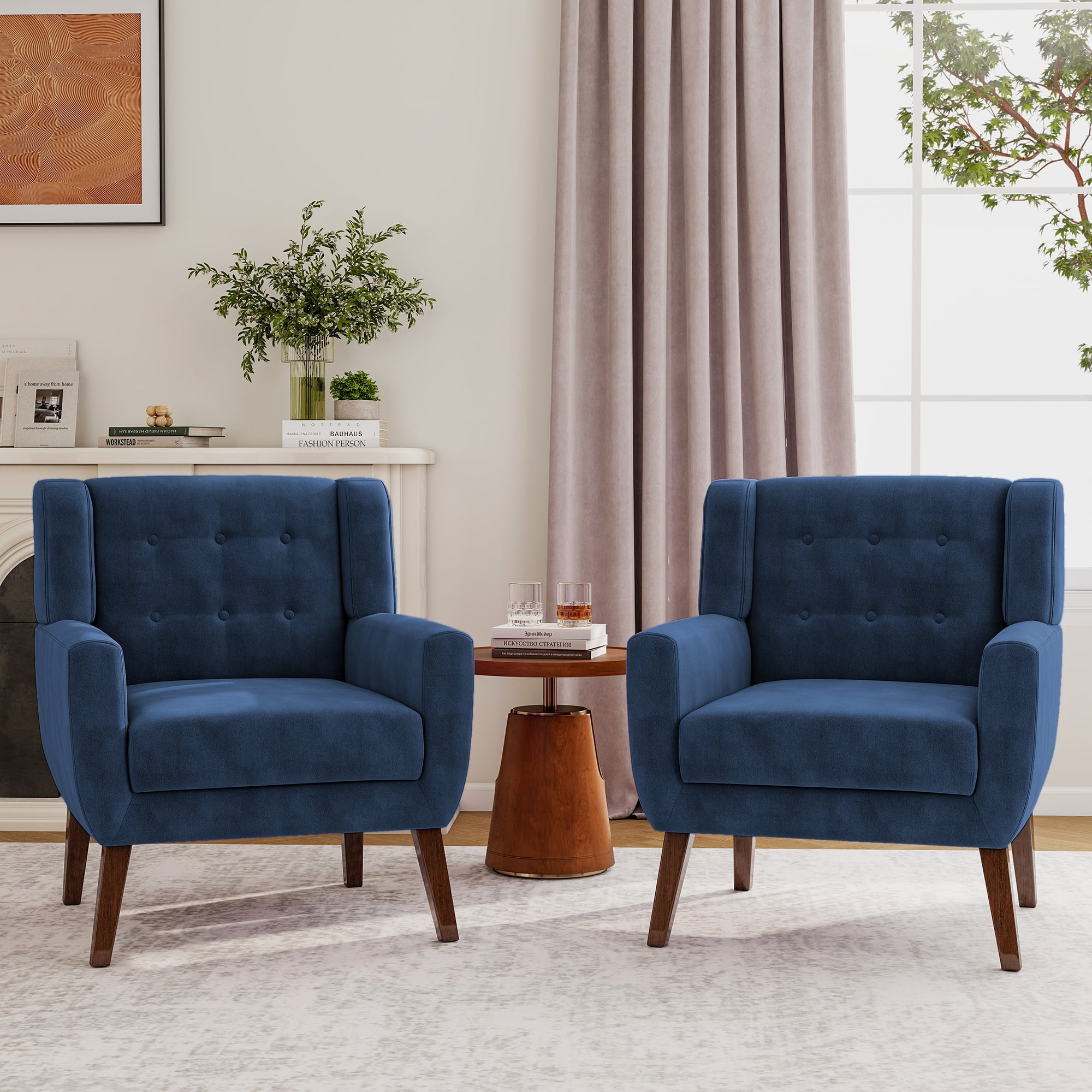 DREAMSIDEA Modern Button Tufted Accent Chair Set of 2 Upholstered Armchair Indoor,Velvet Living Room Chair for Bedroom,Royal Blue