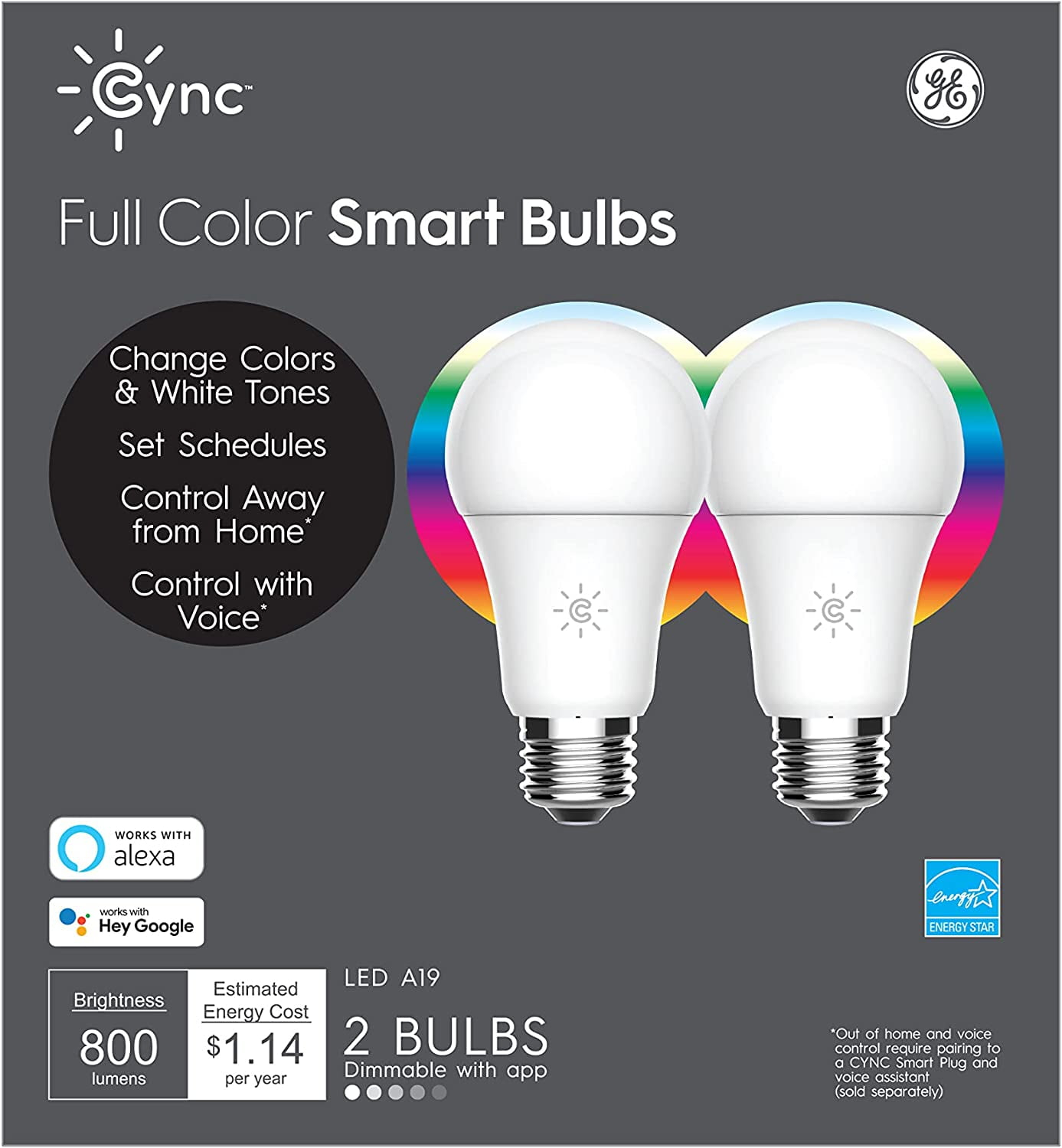 GE Cync A19 Smart LED Light Bulb, Color Changing Indoor Decor Lights, 60 Watts, Medium Base, 2pk