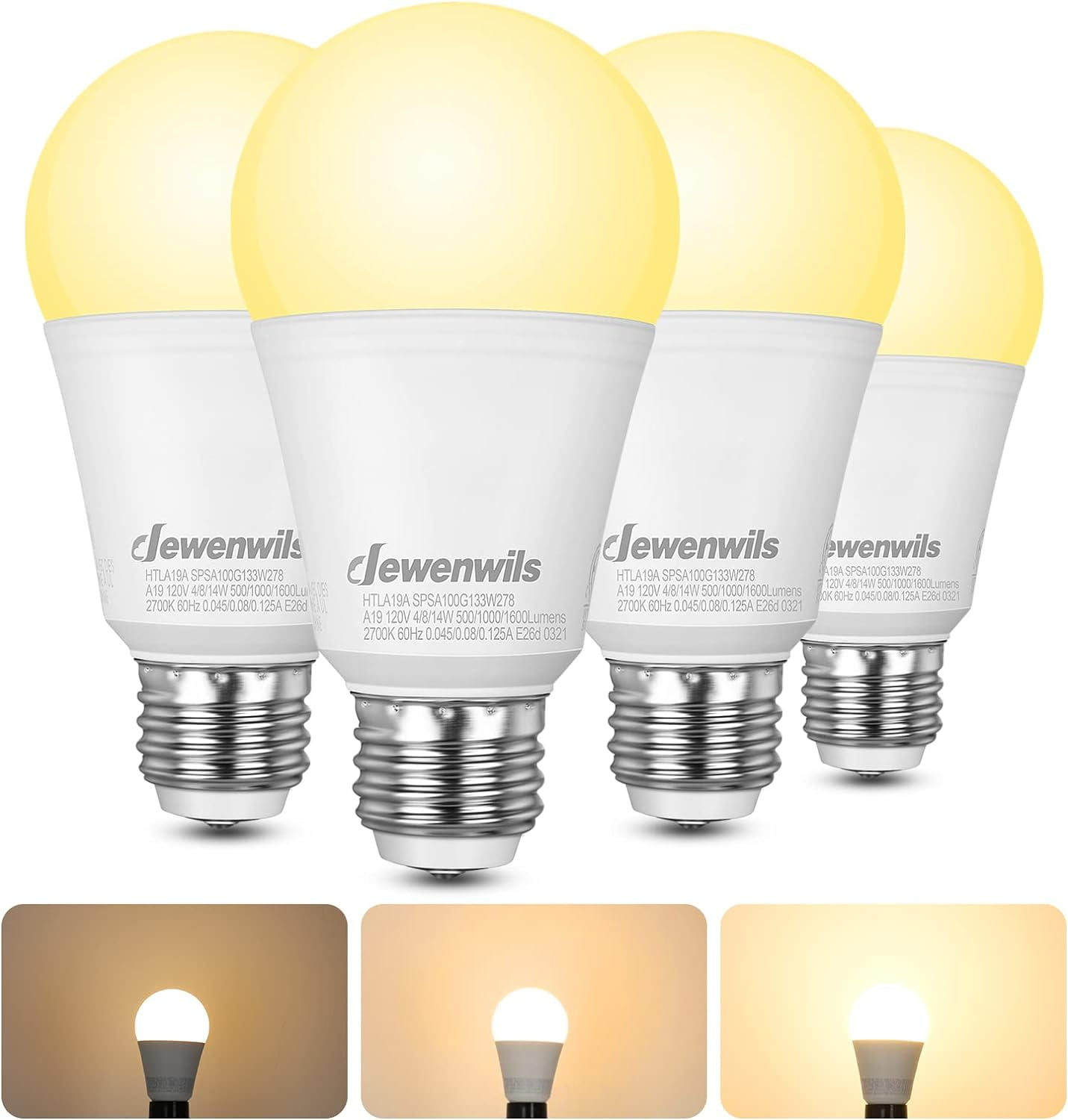 DEWENWILS 3 Way Light Bulbs Soft White, 40/60/100W Equivalent, 2700K LED Light Bulbs E26 Medium Base, 500/1000/1600LM, 4-Pack