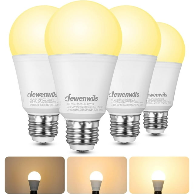 DEWENWILS 3 Way Light Bulbs Soft White, 40/60/100W Equivalent, 2700K LED Light Bulbs E26 Medium Base, 500/1000/1600LM, 4-Pack