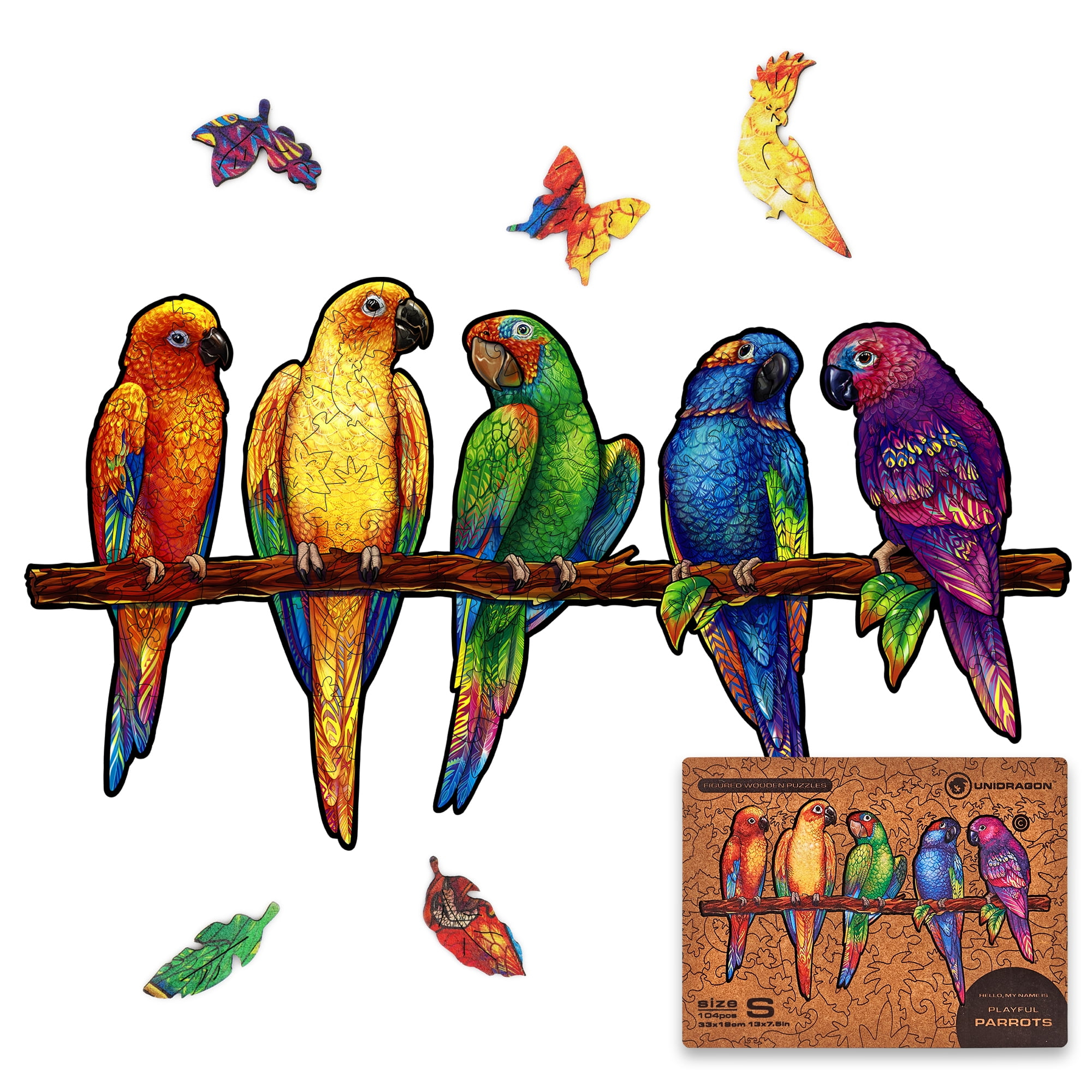 UNIDRAGON Original Wooden Jigsaw Puzzles - Playful Parrots, 104 pcs, Small 13"x7.5", Beautiful Gift Package, Unique Shape Best Gift for Adults and Kids