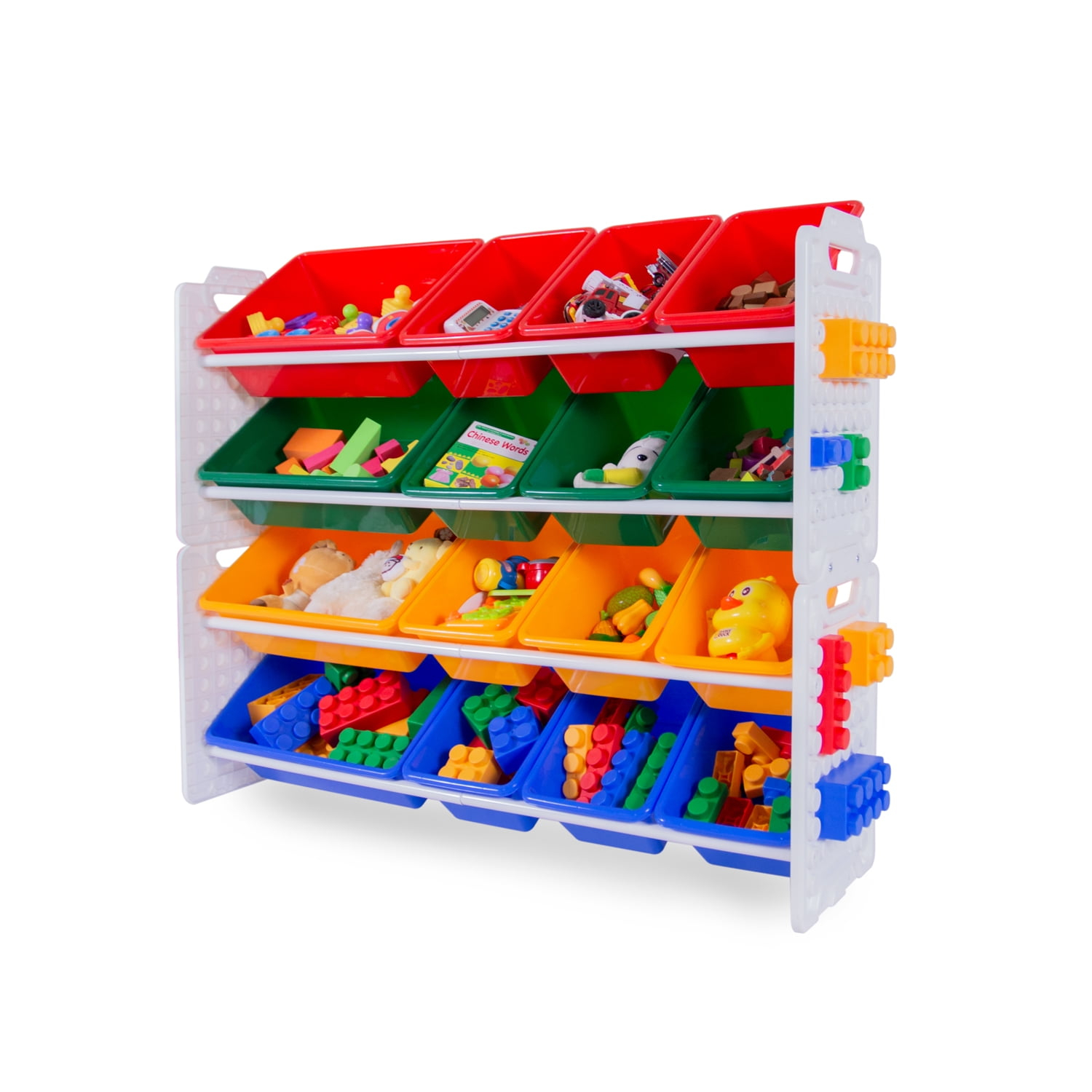 UNiPLAY Toy Organizer With 16 Removable Storage Bins, Multi-Bin Organizer for Books, Building Blocks, School Materials, Toys with Baseplate Board Frame (Primary)