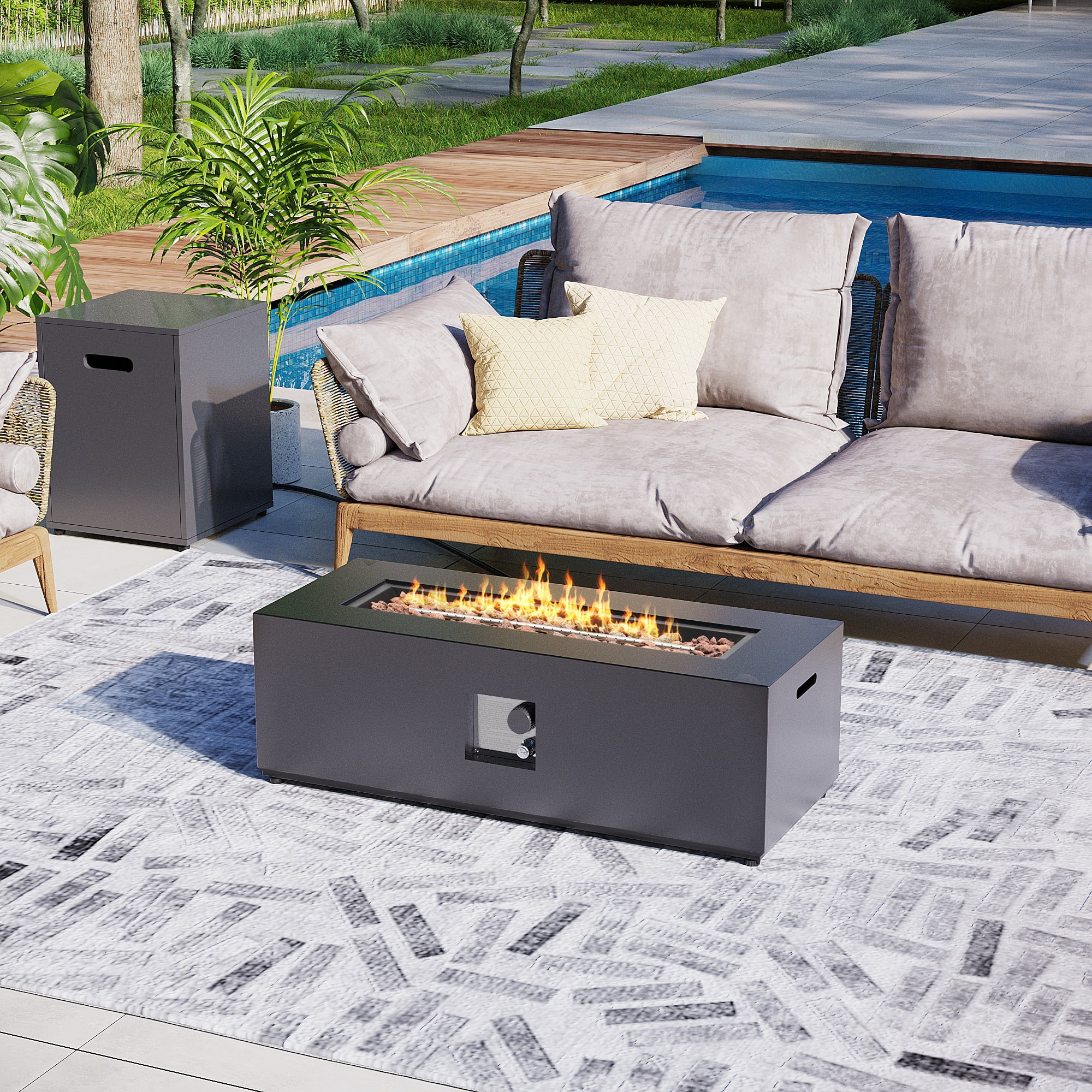 UPHA 42-inch Outdoor Propane Rectangle Fire Pit Table 50000 BTU Iron Gas FirePit for Outside Patio with Tank Cover, Removable Lid, Lava Rocks, Rain Cover, Grey