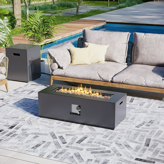 UPHA 42-inch Outdoor Propane Rectangle Fire Pit Table 50000 BTU Iron Gas FirePit for Outside Patio with Tank Cover, Removable Lid, Lava Rocks, Rain Cover, Grey
