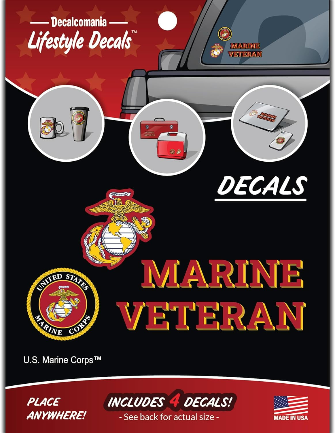 US Marine Corps Veteran Car Decals - Set of 4 USMC Window Stickers EGA Logo Vinyl Decal for Vehicle Truck Bumper Water Bottle Laptop