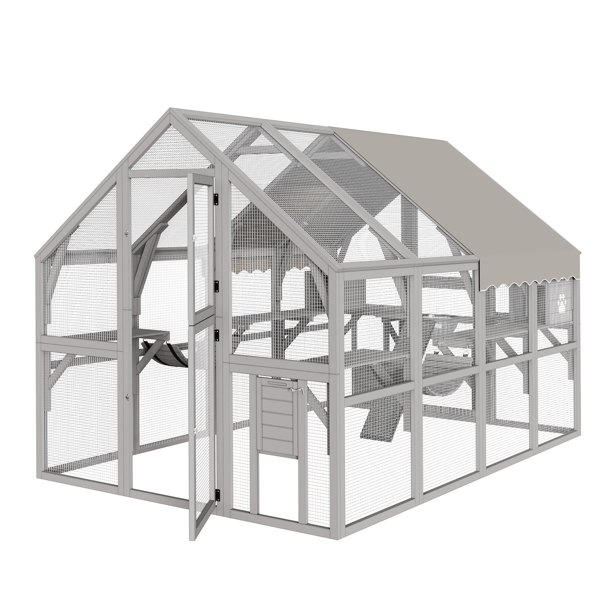 Uforic 110" Catio Outdoor Cat Enclosure Large Wooden Cat House with with Weatherproof Roof, Cat Scratcher Ramp, Space Capsule Bed, 2 Bridges, 2 Resting Houses, 7 Platforms for Multiple Cats