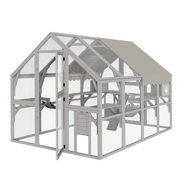 Uforic 110" Catio Outdoor Cat Enclosure Large Wooden Cat House with with Weatherproof Roof, Cat Scratcher Ramp, Space Capsule Bed, 2 Bridges, 2 Resting Houses, 7 Platforms for Multiple Cats