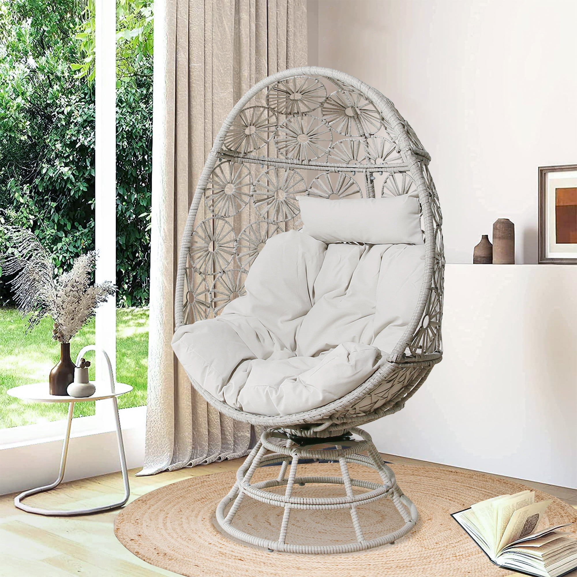 Ulax Furniture Wicker Egg Chair Indoor Outdoor Swivel Lounge Egg Chair with Cushions for Patio, Backyard, Living Room