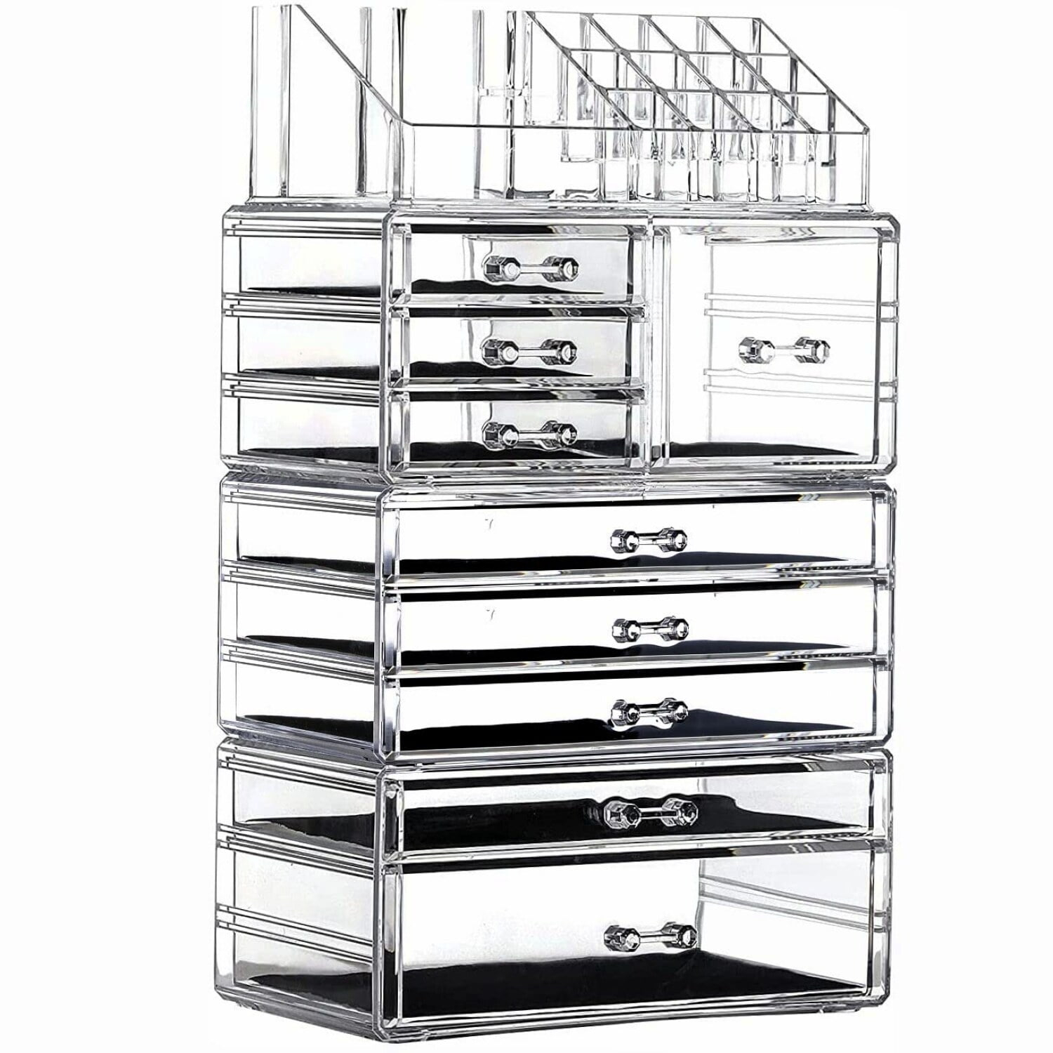 Cq acrylic 4 Pack Clear Make up Organizer Countertop,Stackable 9 Drawers Makeup Storage,Cute Vanity Organizers for dresser Hair Clip,Jewelry,Beauty Product Desk and Bathroom Organizers and Storage