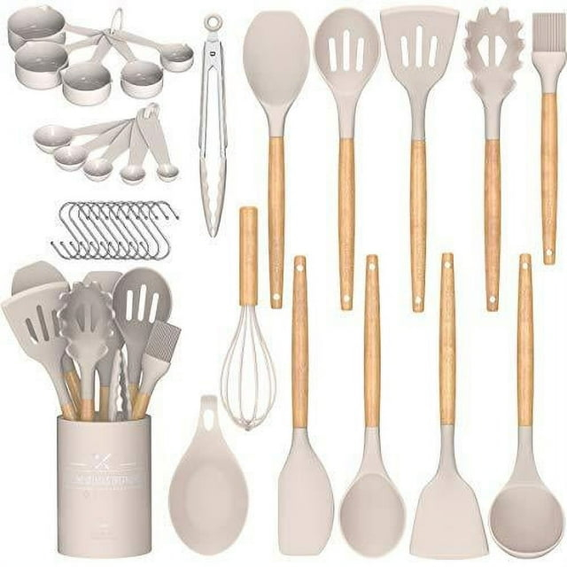 33 Pcs Silicone Kitchen Utensils Set, Khaki Kitchen Cooking Utensils Set with Natural Hard Wood Handle, Silicone Utensils Set with Holder, Heat Resistant, BPA Free, Non Toxic